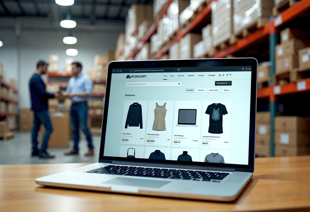 Laptop in a warehouse with an online store displayed in the background racks and people talking