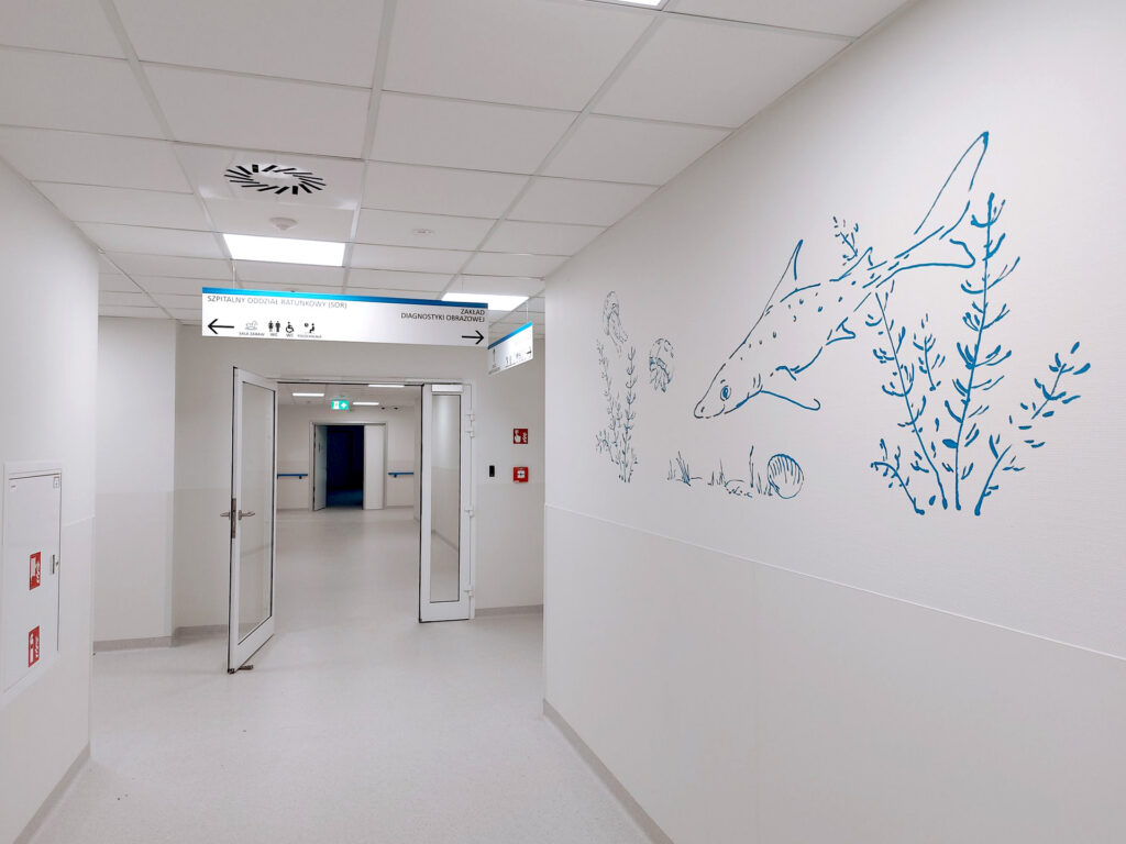 Hospital signage - space branding and corridor hanging signs