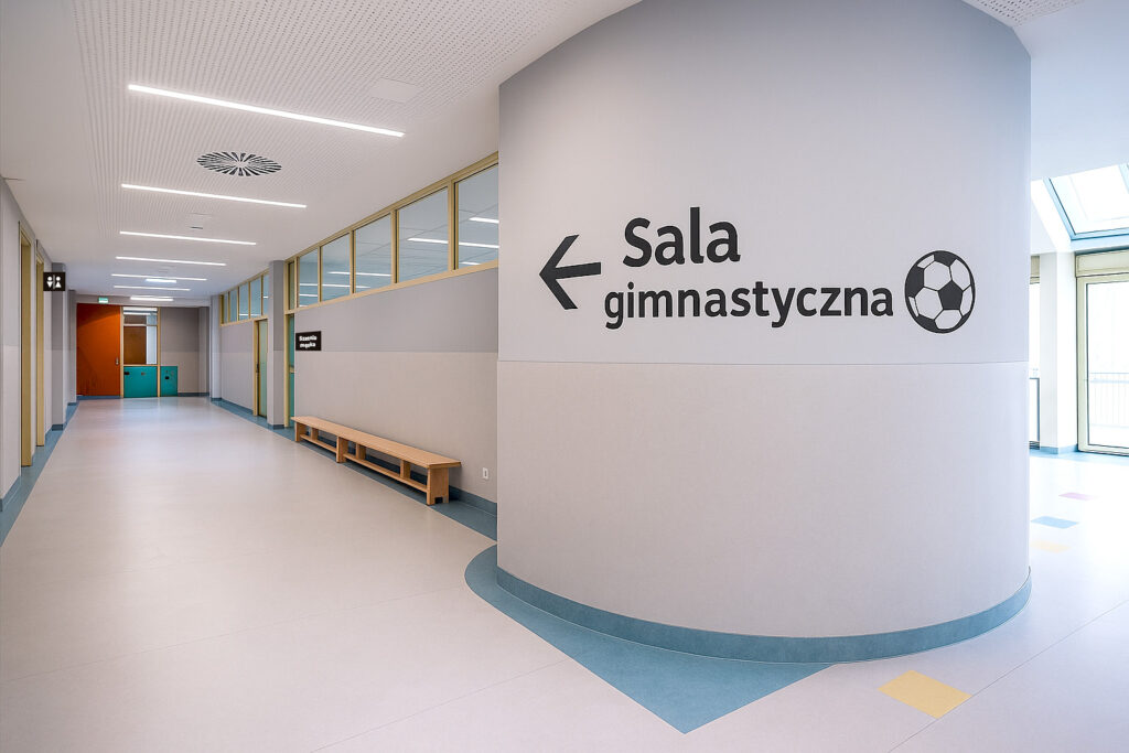 Gymnasium - corridor in the elementary school, signage for locker rooms, toilets and a large directional sign to the gymnasium