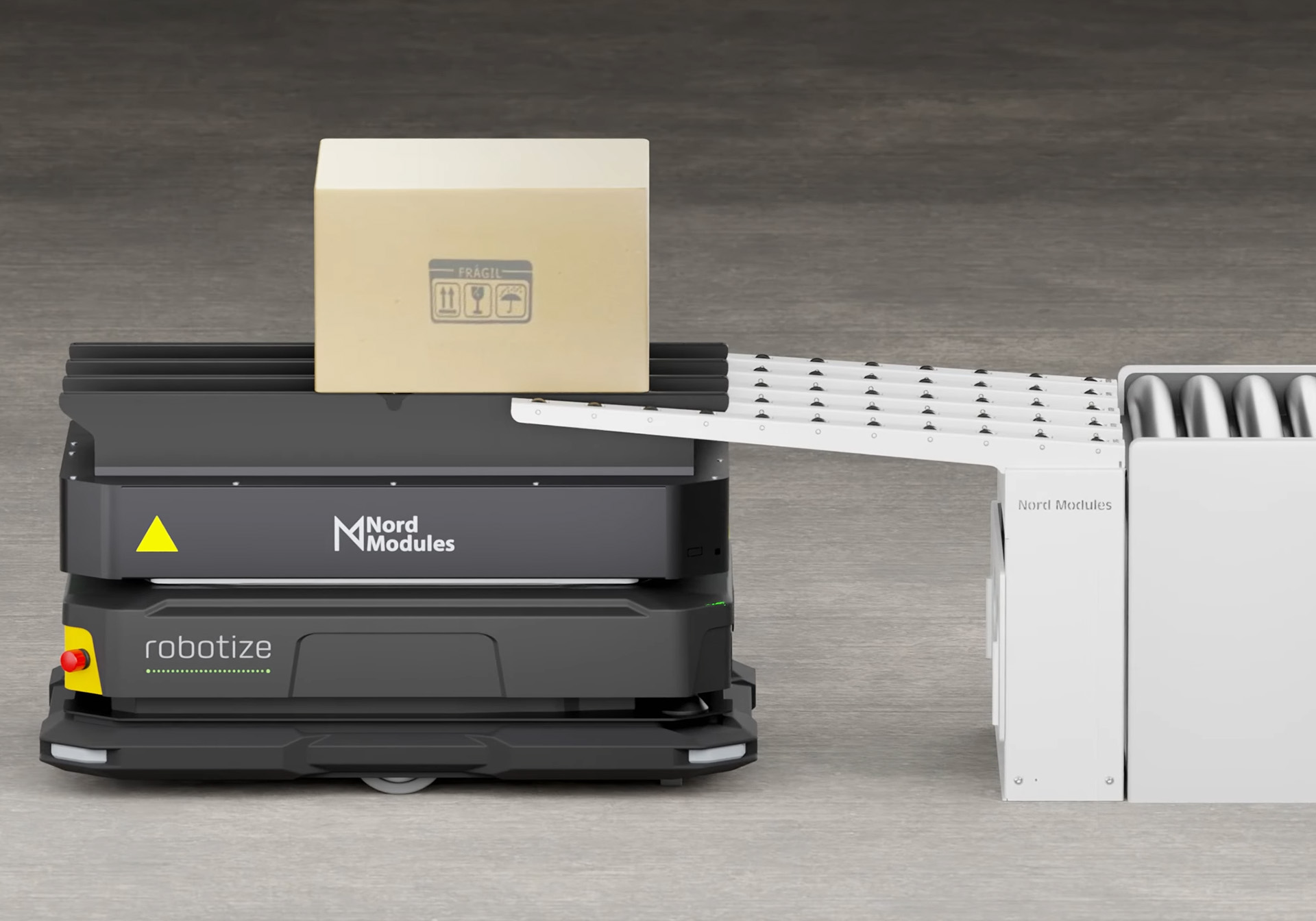 Robot AMR z akcesorium marki Nord Modules podający karton