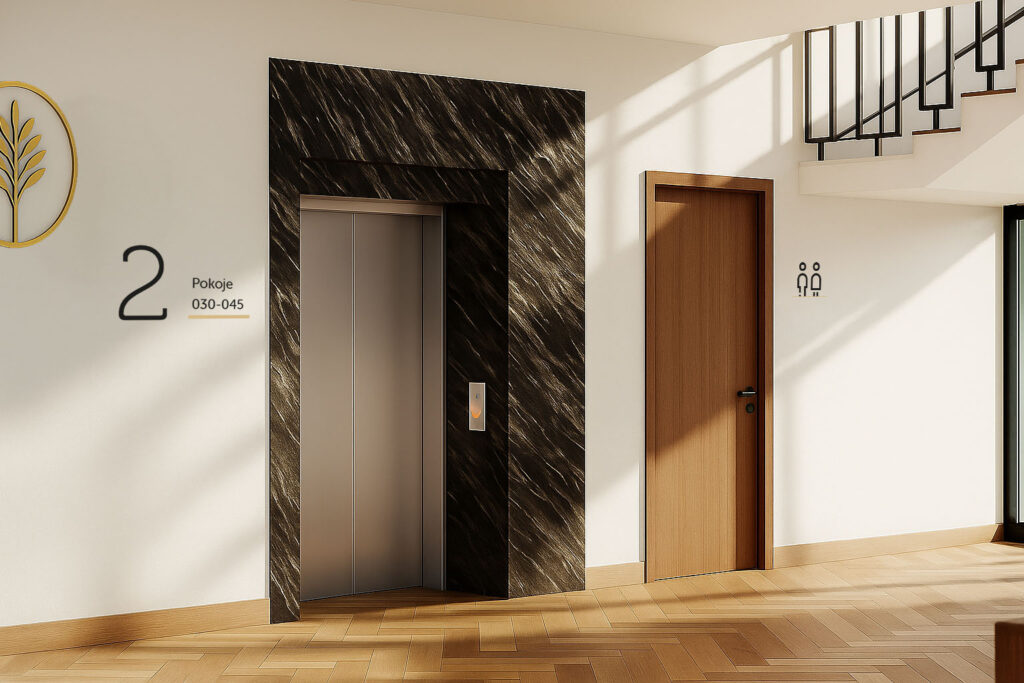 Hotel lobby, elevator with floor and room signage, door with toilet signage