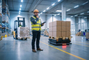 Kierownik magazynu na tle magazynu w tle wózek widłowy i robot AMR