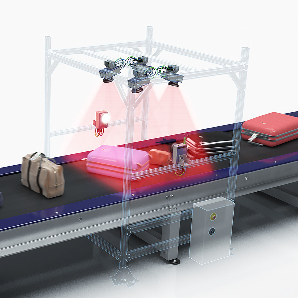 Graphic showing the baggage scanning gate on the BHS Datalogic conveyor belt