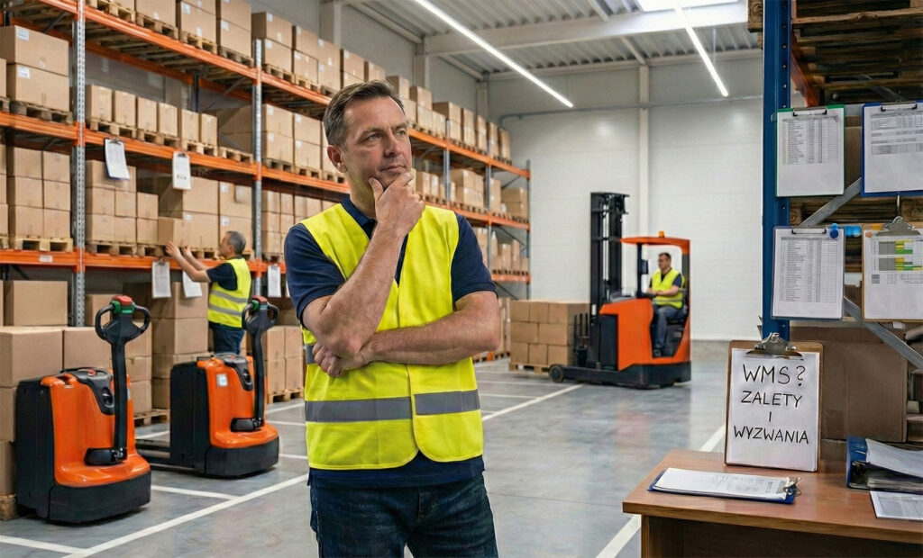 Mężczyzna - kierownik magazynu na tle magazynu
