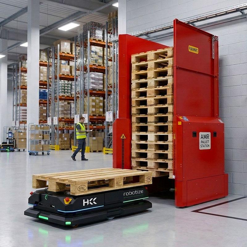 Robot AMR odbierający paletę z systemu przechowywania palet Palomat