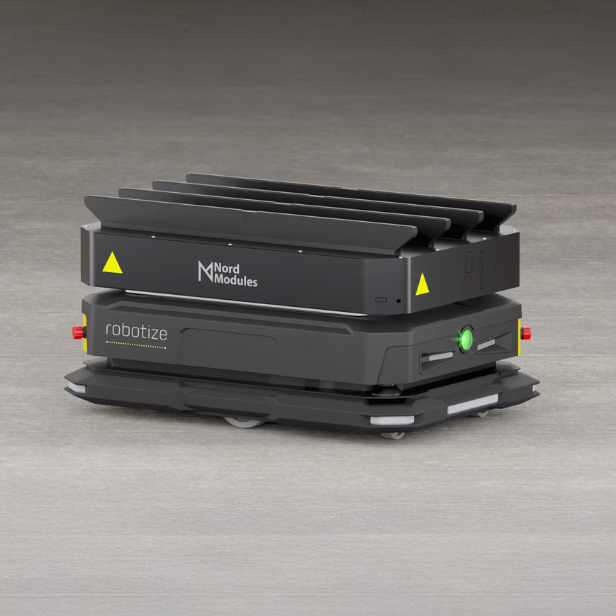 Robot AMR wyposażony w system transportowy Nord Modules