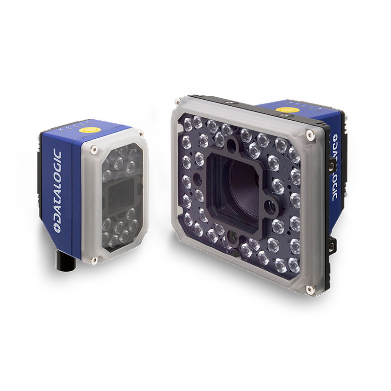 Two industrial machine vision cameras with built‑in LED ring lights, one smaller and one larger, for inspection tasks.