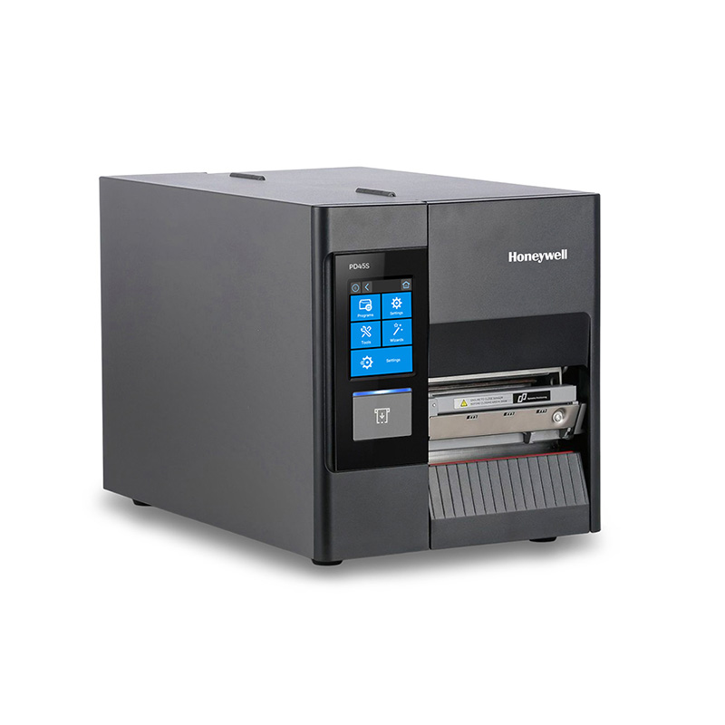 Front view of a Honeywell industrial label printer with a blue touchscreen UI on the left and a label output area on the right.