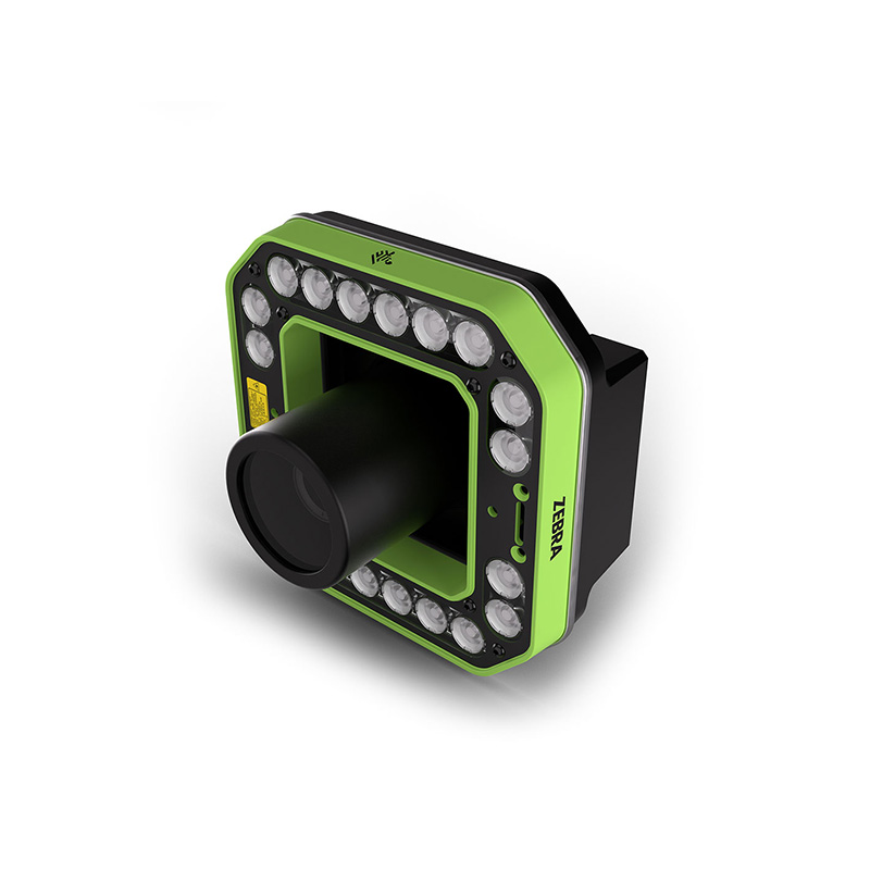 Square green-and-black industrial camera/illuminator with a large central lens and a ring of LEDs around the border