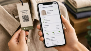 A shirt with a tag featuring a QR code; when a person scans the code, a digital product passport appears on their phone screen
