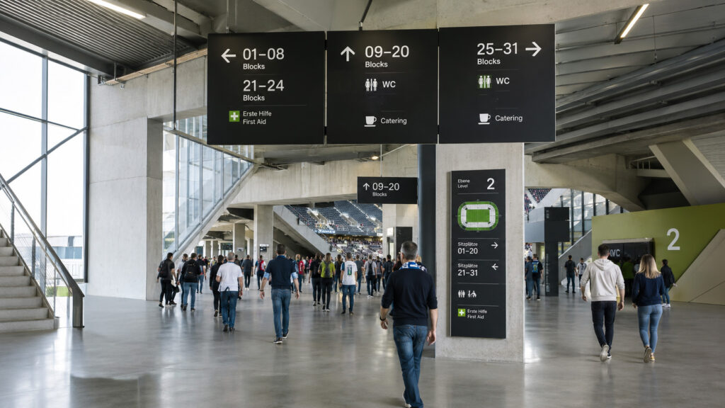 System wayfindingu i oznakowanie kierunkowe w nowoczesnym obiekcie sportowym