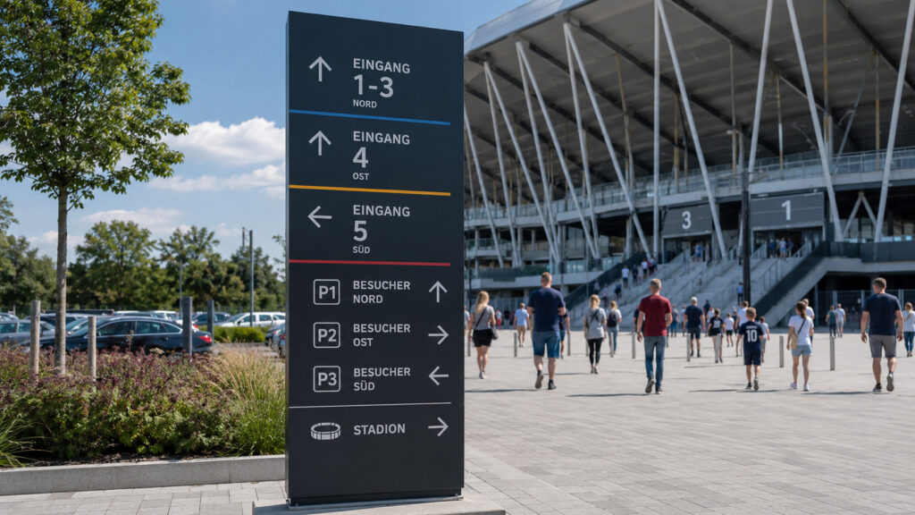 Pylon kierunkowy i oznakowanie parkingu przed nowoczesnym stadionem
