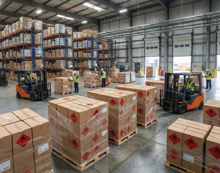 View of warehouse and cartons on pallets marked with ADR label