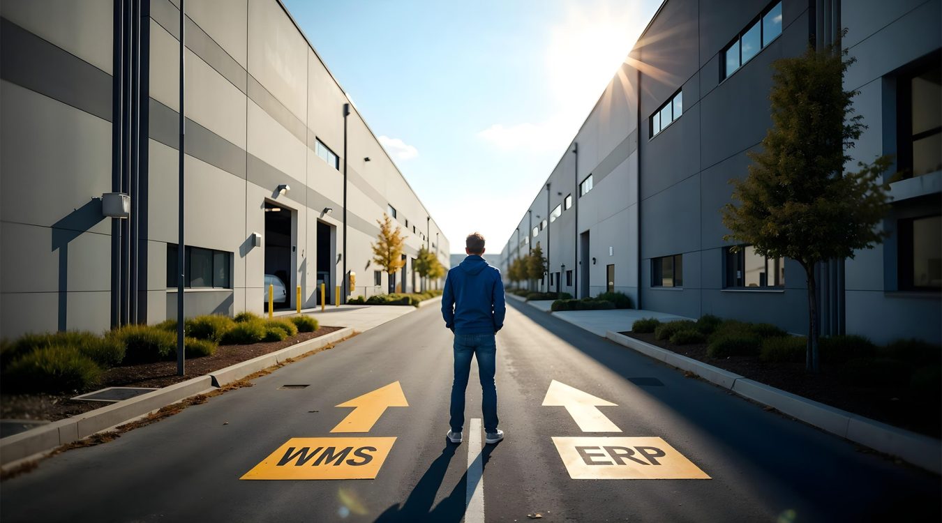 WMS czy ERP Człowiek na terenie magazynu stoi na rozdrożu i zastanawia się czy wybrać WMS czy ERP