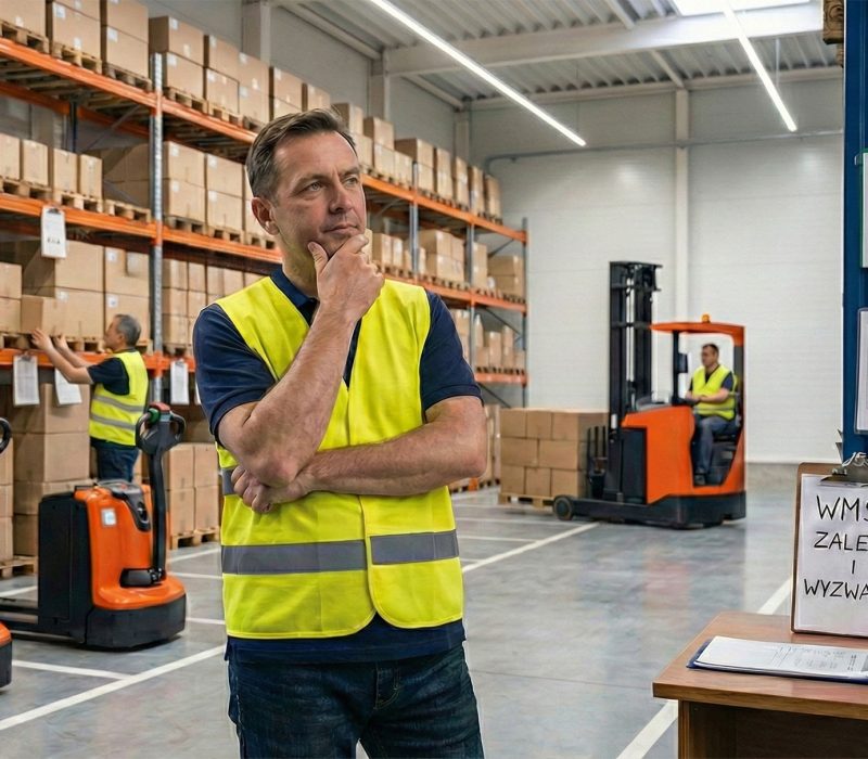 Mężczyzna - kierownik magazynu na tle magazynu