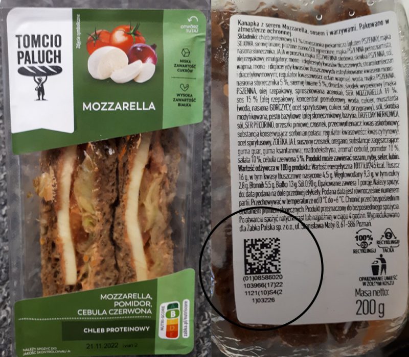 Żabka Polska – kod GS1 DataMatrix Zdjęcie kanapki z etykietą z kodem QR
