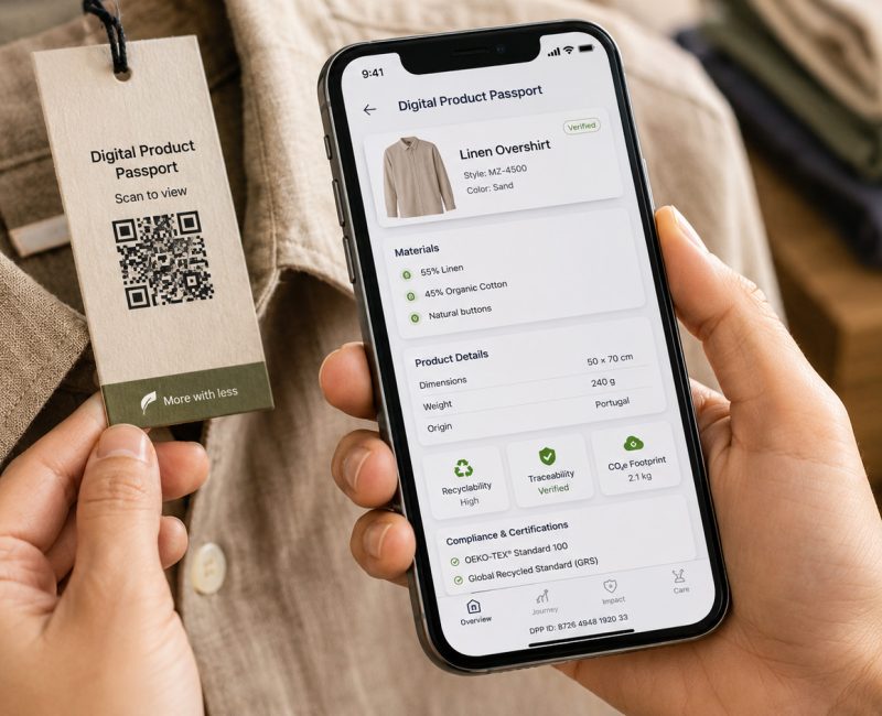Koszula z przywieszką z kodem QR, osoba skanuje kod i wyświetla jej się cyfrowy paszport produktu na ekranie telefonu