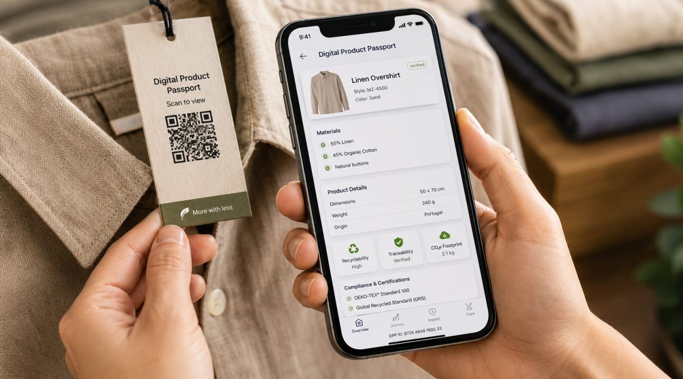 Koszula z przywieszką z kodem QR, osoba skanuje kod i wyświetla jej się cyfrowy paszport produktu na ekranie telefonu
