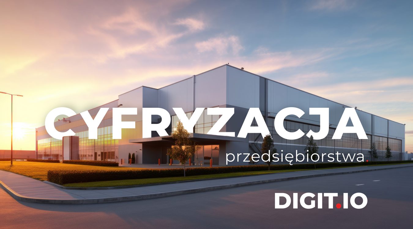 Nowoczesne przedsiębiorstwo o wschodzie słońca z napisem CYFRYZACJA