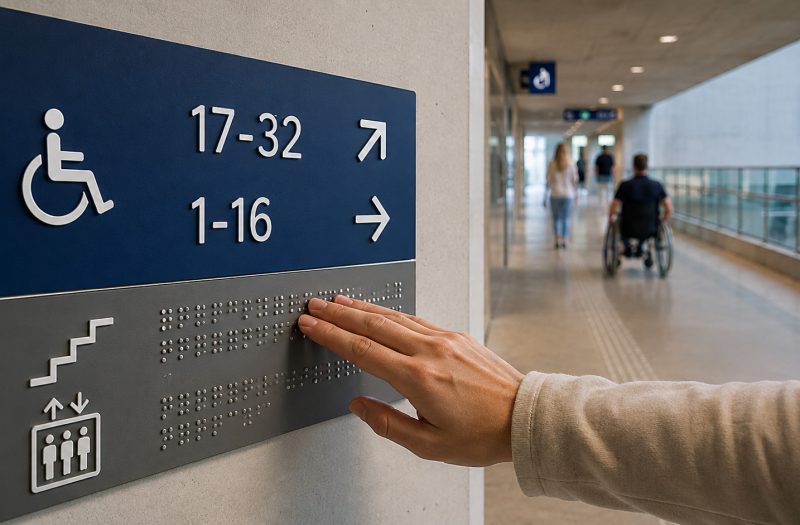 Tablica wayfindingowa z alfabetem Braille'a w dostępnym obiekcie sportowym