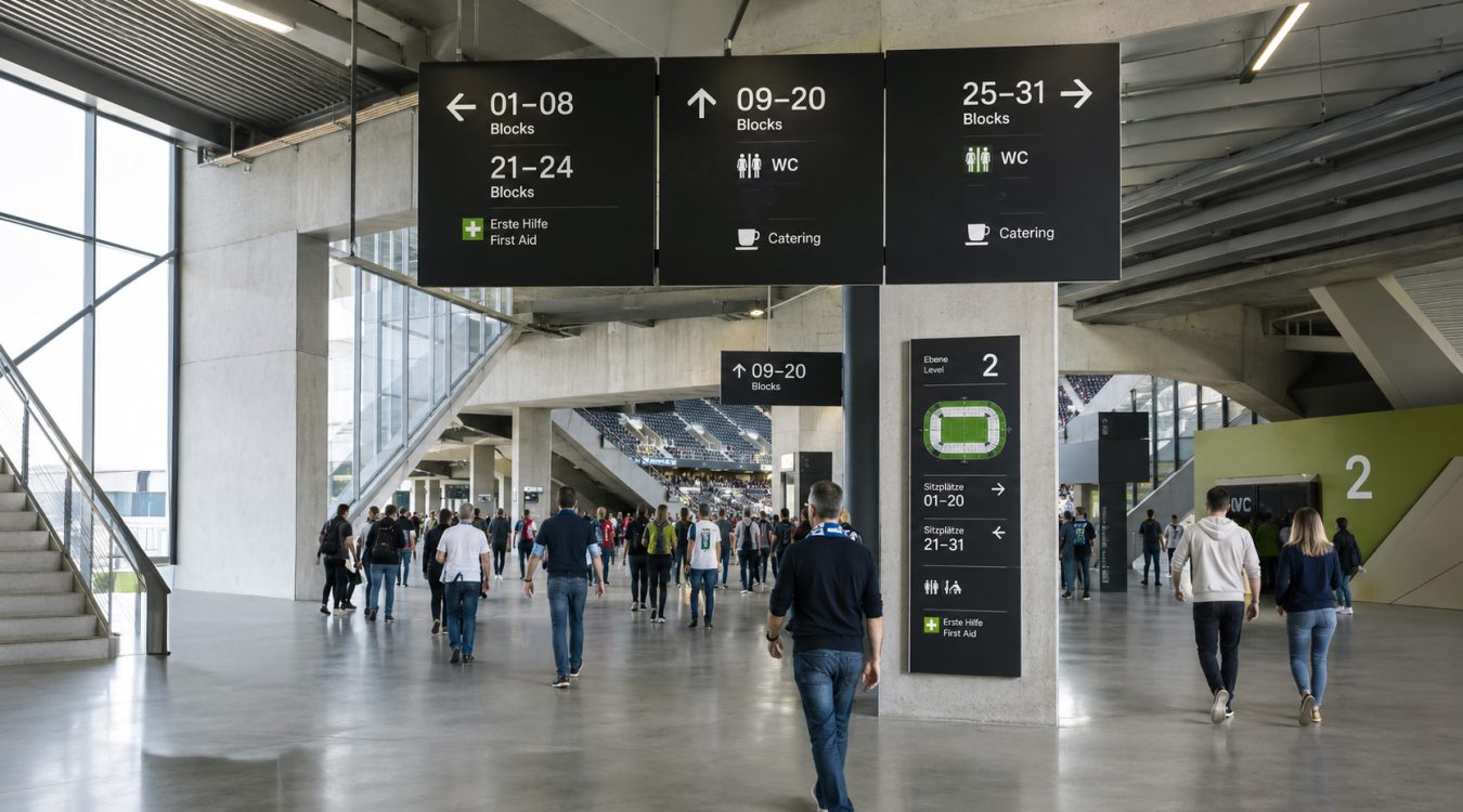 System wayfindingu i oznakowanie kierunkowe w nowoczesnym obiekcie sportowym