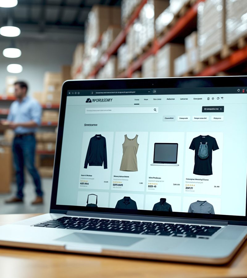 System magazynowy wms dla e-commerce Laptop w magazynie z wyświetlonym sklepem internetowym w tle regały i rozmawiający ludzie